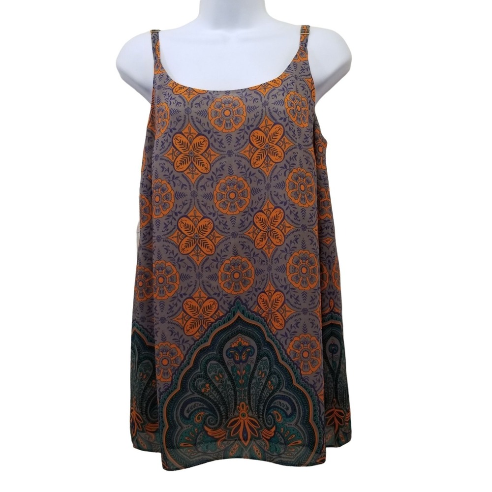 CAbi 3082 S Top Sleeveless Tank Orange Gray ARABESQUE Mosaic Floral Cami‎ Boho